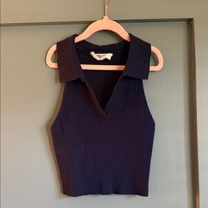 Navy Sleeveless Collared Top